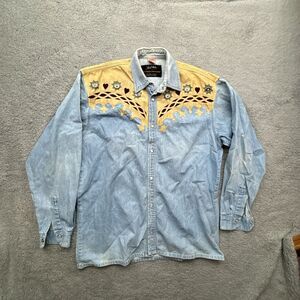 Johnny‎ Hallyday Western Passion Mens Shirt Denim Southwestern Pearl Snap Badges